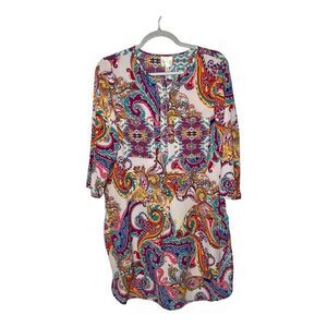 Fig And Flower Tunic Top Womens Medium Paisley Boho 3/4 Sleeves‎ Retro Shirt